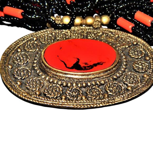 BoHo Bold Red & Brass Beaded Necklace - Picture 6 of 14